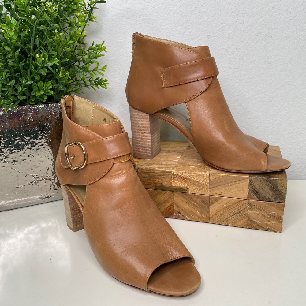 VANELi Belka‎ Tan Antiqued Calf Leather Peep Toe Ankle Booties Size 8N